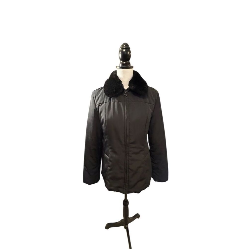 Jones New York Women's Black Jacket Faux Fur Collar Size Small